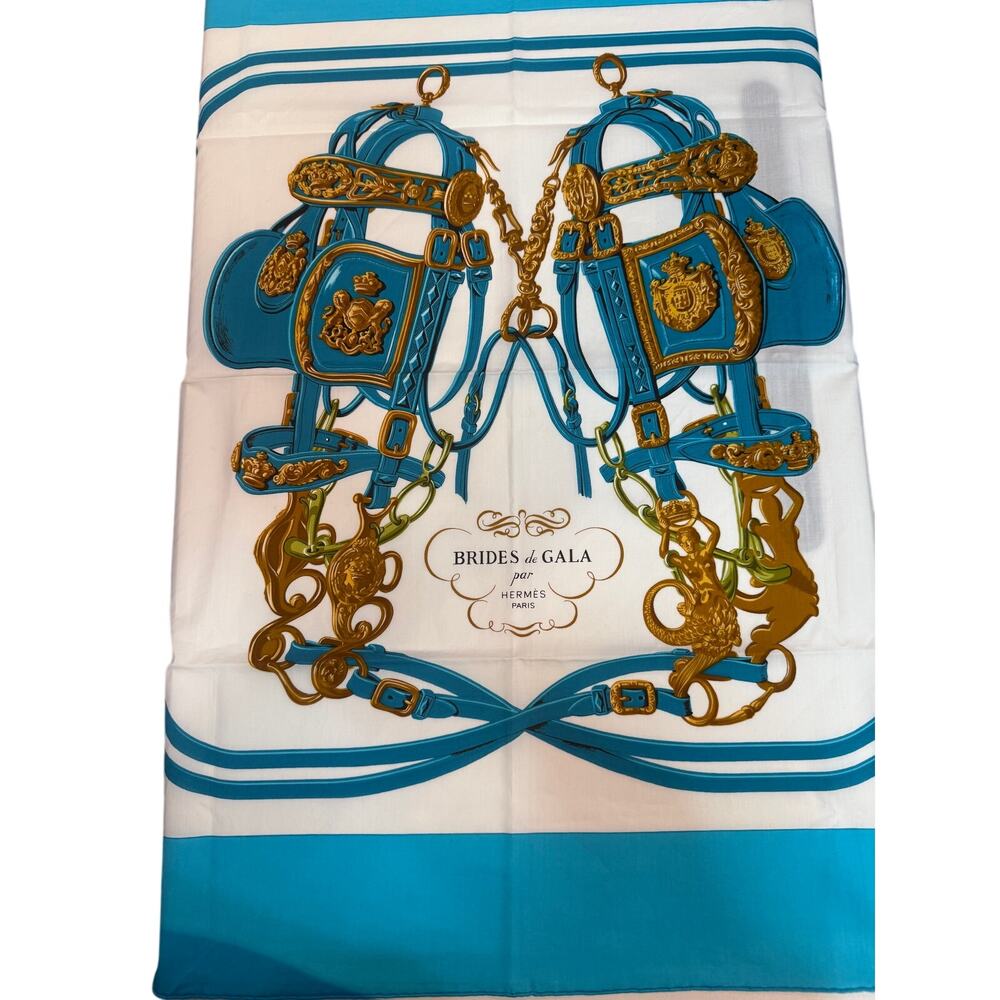 Hermes Brides de Gala Gorgeous Turquoise Color Cotton Scarf*90 cm